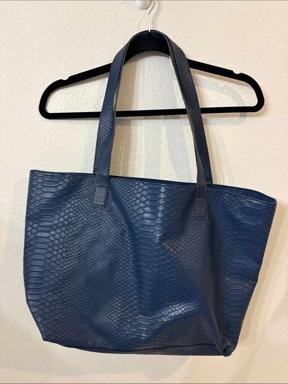 Bloomingdale’s Textured Navy Tote Bag with Faux-Snake Finish